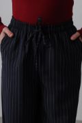 Beli Lastikli Bol Paça Pantolon - Lacivert-Beyaz resmi